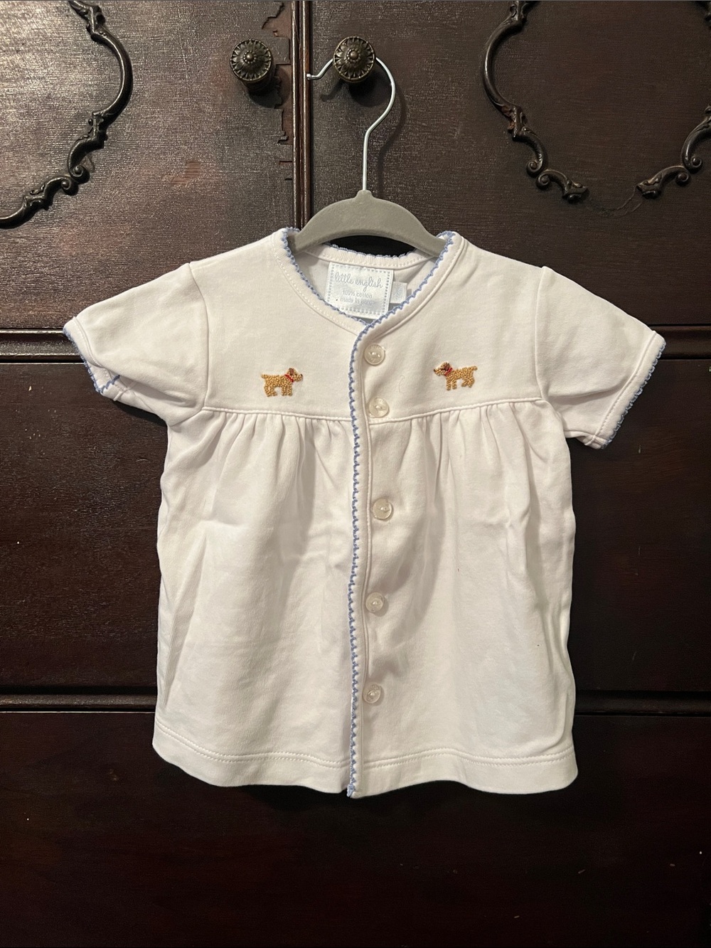 Little English Classic White Baby Button-Front Top with Puppy Embroidery